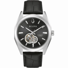 Bulova Men's Watch - Surveyor Open Heart Black and Silver Tone Dial Strap | 96A273