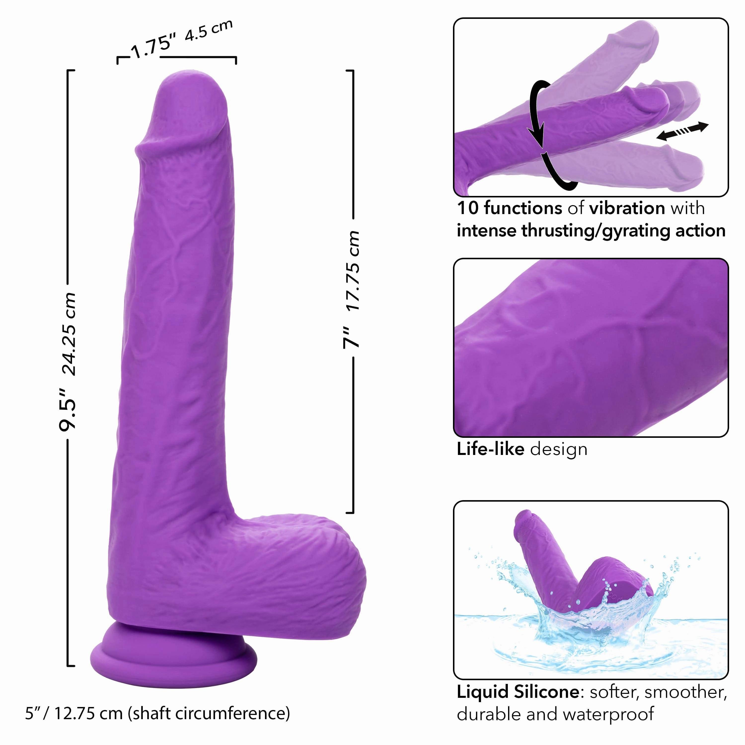 California Exotics - Rechargeable Gyrating and Thrusting Silicone Studs Realistic Dildo with Balls 9.5" (Purple)