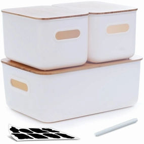 Citylife WALH-7713PC3 Storage Bins With Bamboo Lid, 2PCS M 1 PCS L-White