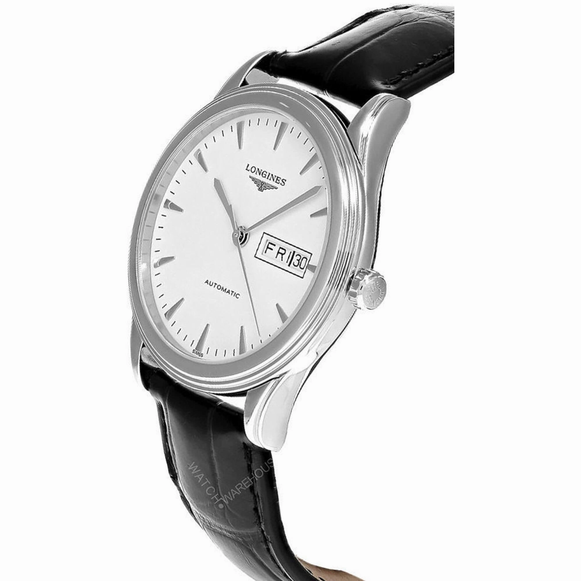 Longines Men's Watch - Flagship Automatic White Dial Black Leather Strap | L48994122
