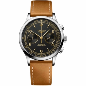 Longines Men's Watch - Record Chronograph Black Dial Brown Leather Strap | L29214562