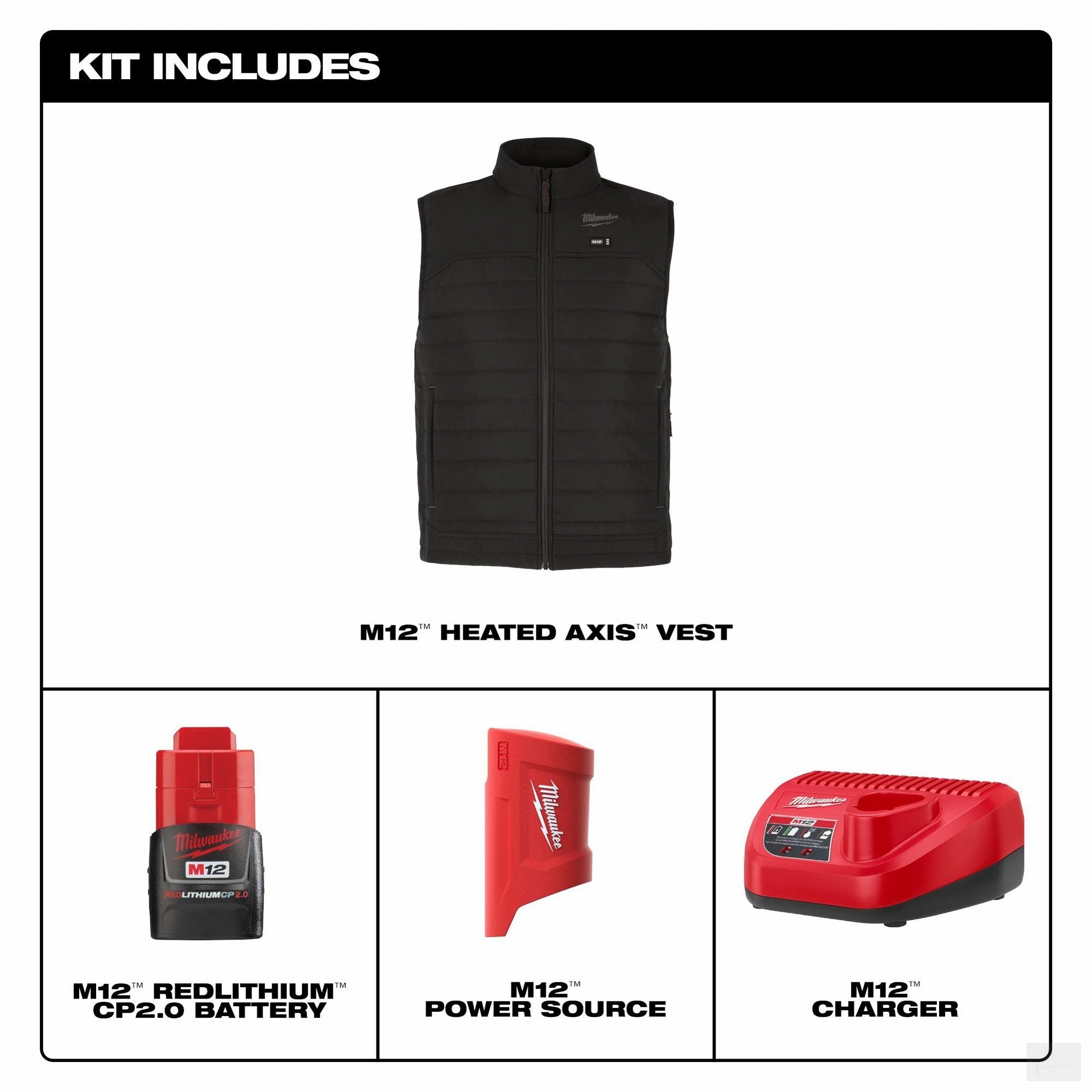 Milwaukee Men's M12 AXIS Black Heated Vest Kit (M300B-21)
