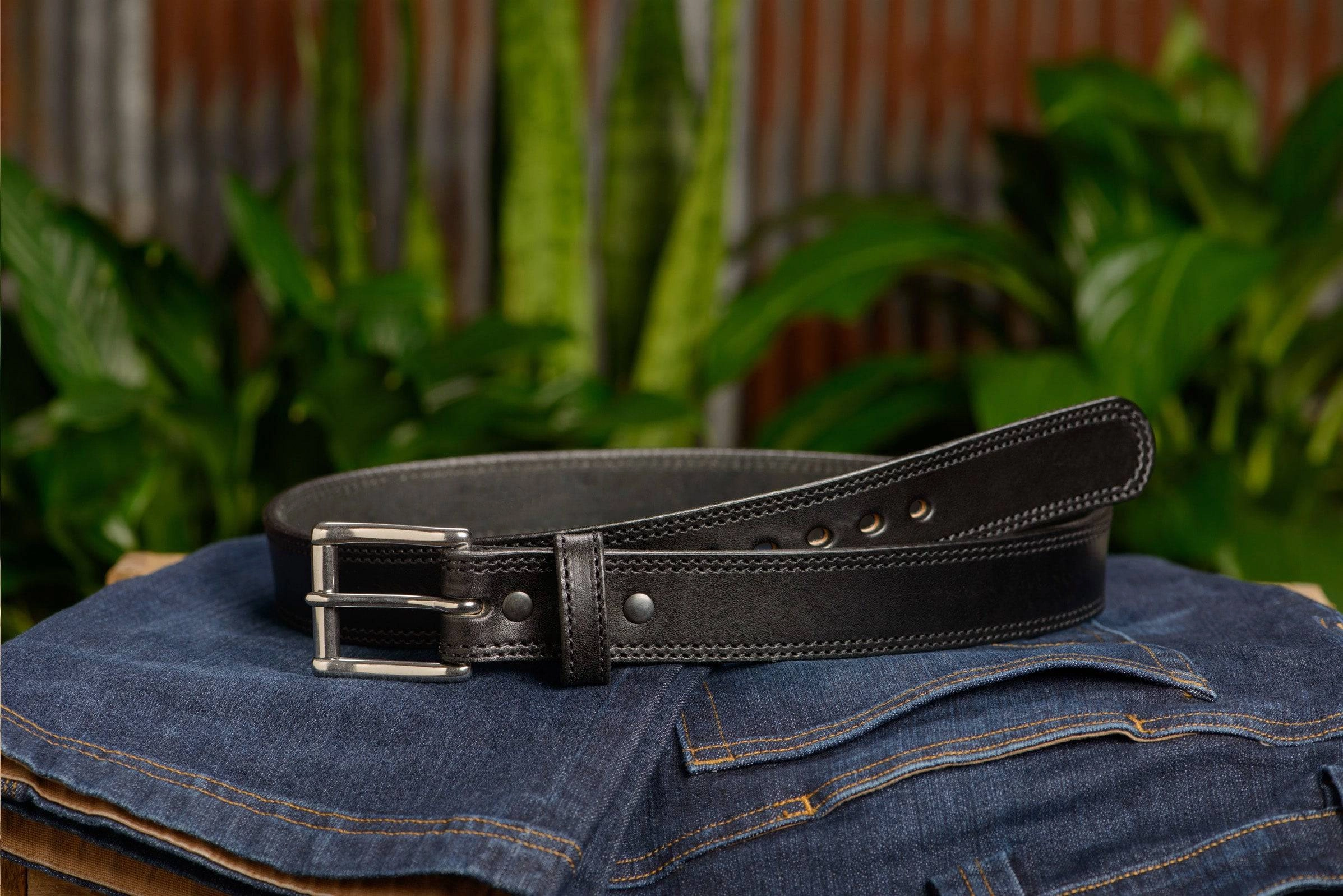 The Eastwood: Men's Black Double Stitched Leather Belt Max Thick 1.50"