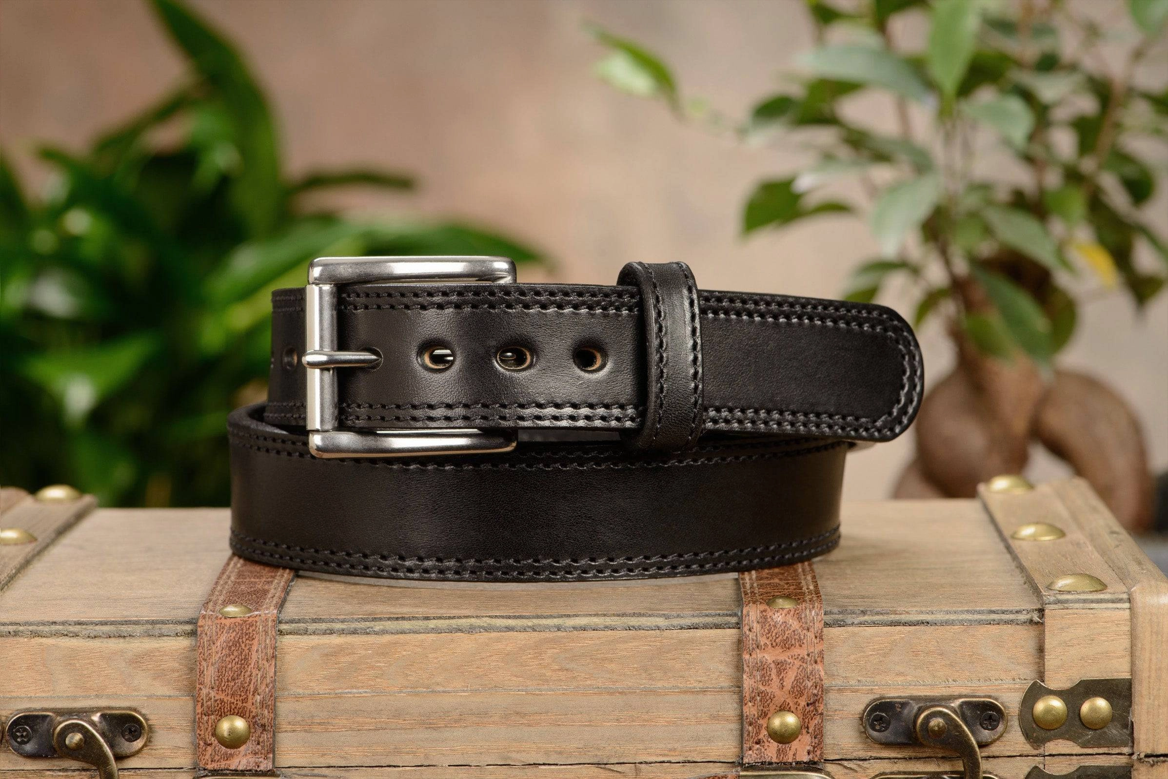 The Eastwood: Men's Black Double Stitched Leather Belt Max Thick 1.50"