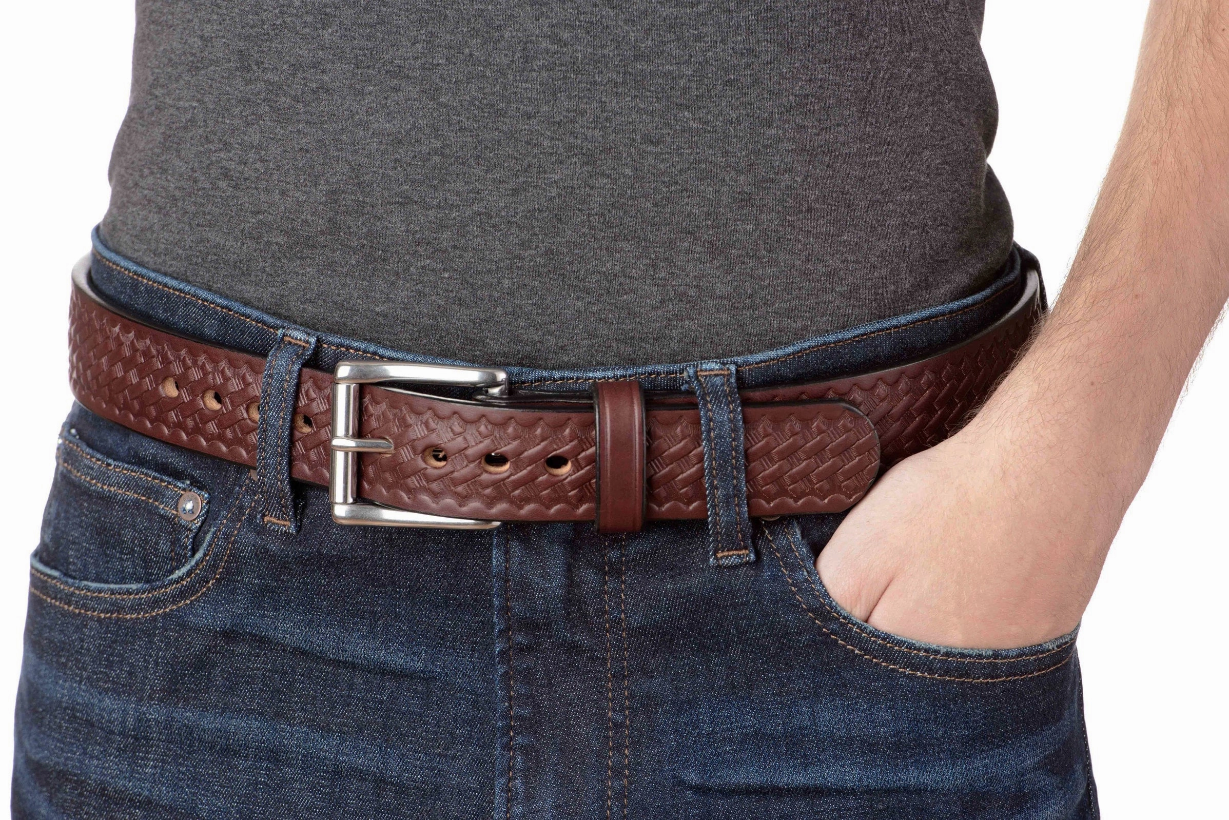 The Eastwood: Men's Brown Basket Weave Leather Belt Max Thick 1.50"