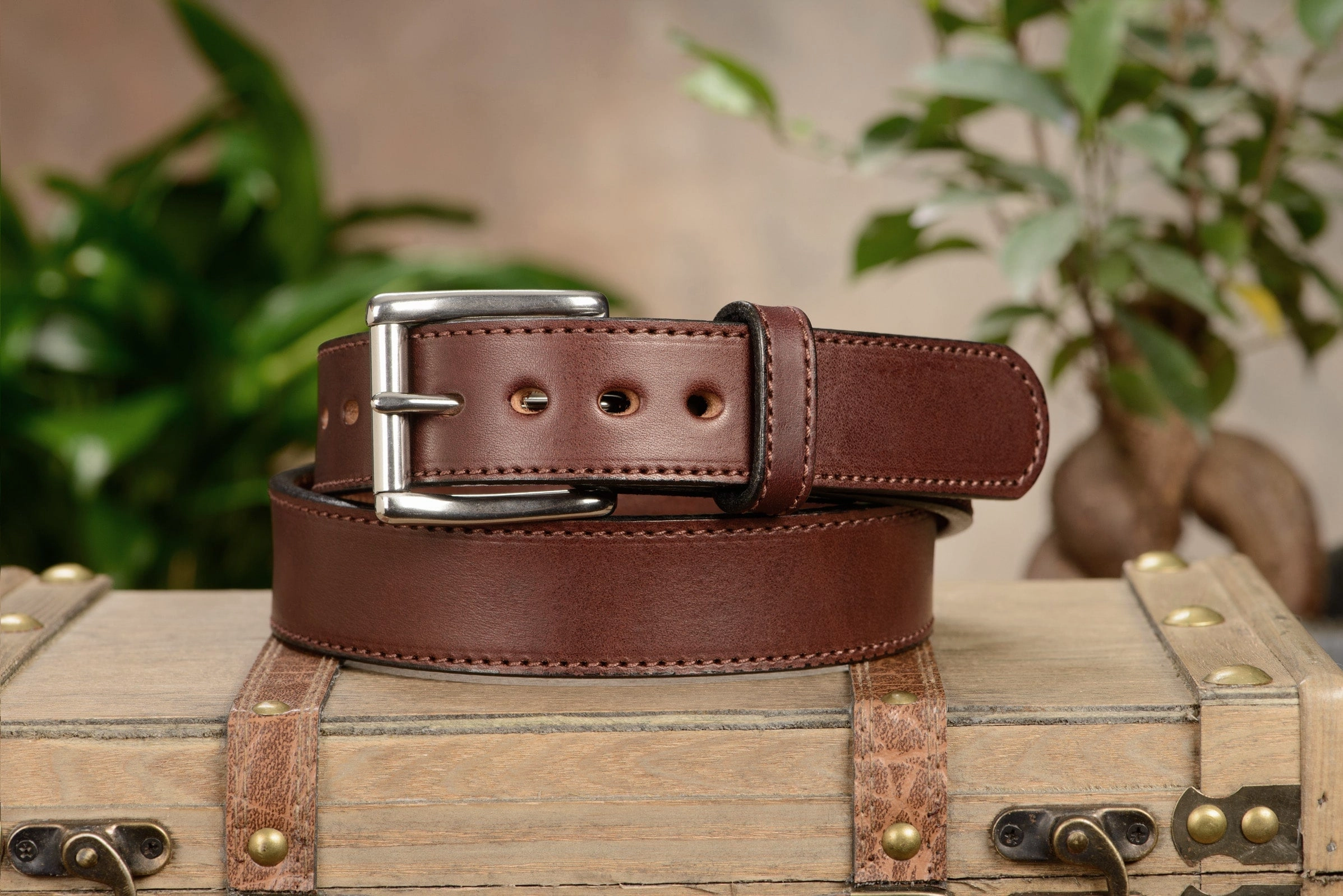 The Eastwood: Men's Brown Stitched Leather Belt Max Thick 1.50"
