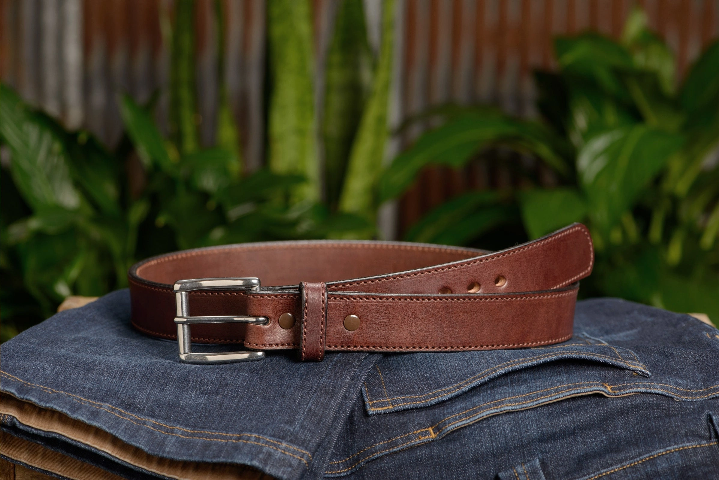 The Eastwood: Men's Brown Stitched Leather Belt Max Thick 1.50"
