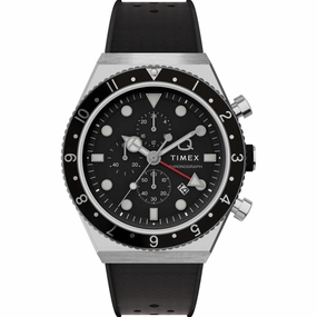 Timex Men's Watch - Q Chronograph Rotating Bezel Black Dial Rubber Strap | TW2V70000