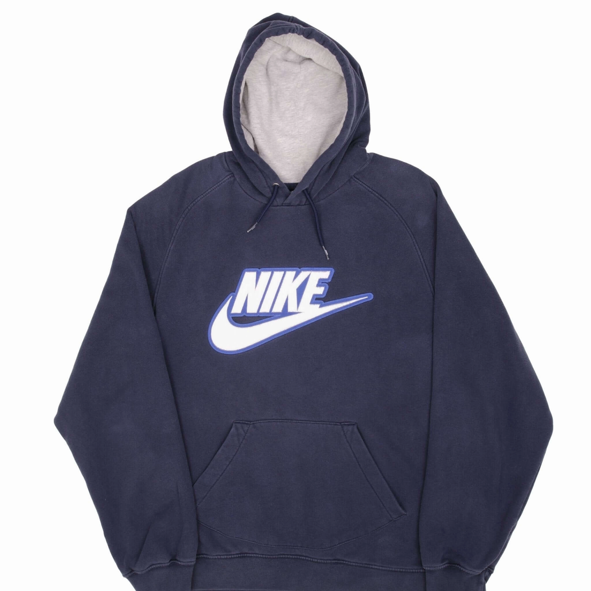 VINTAGE NIKE SPELLOUT SWOOSH NAVY BLUE HOODIE SWEATSHIRT 2000S SIZE LARGE