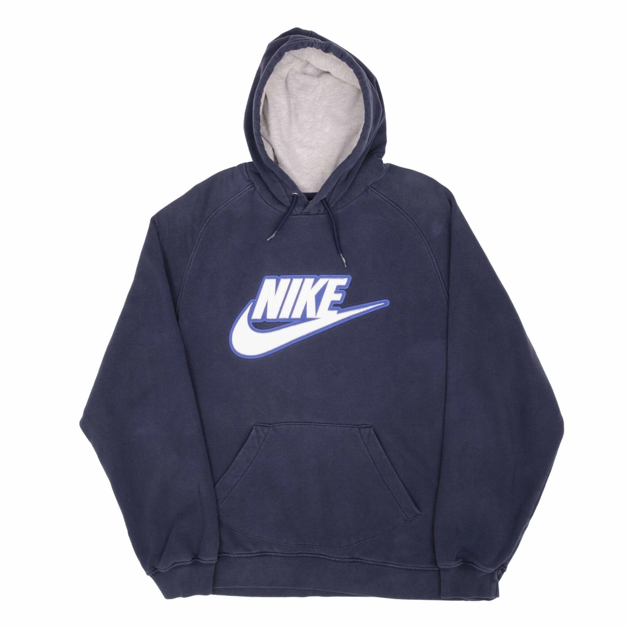 VINTAGE NIKE SPELLOUT SWOOSH NAVY BLUE HOODIE SWEATSHIRT 2000S SIZE LARGE