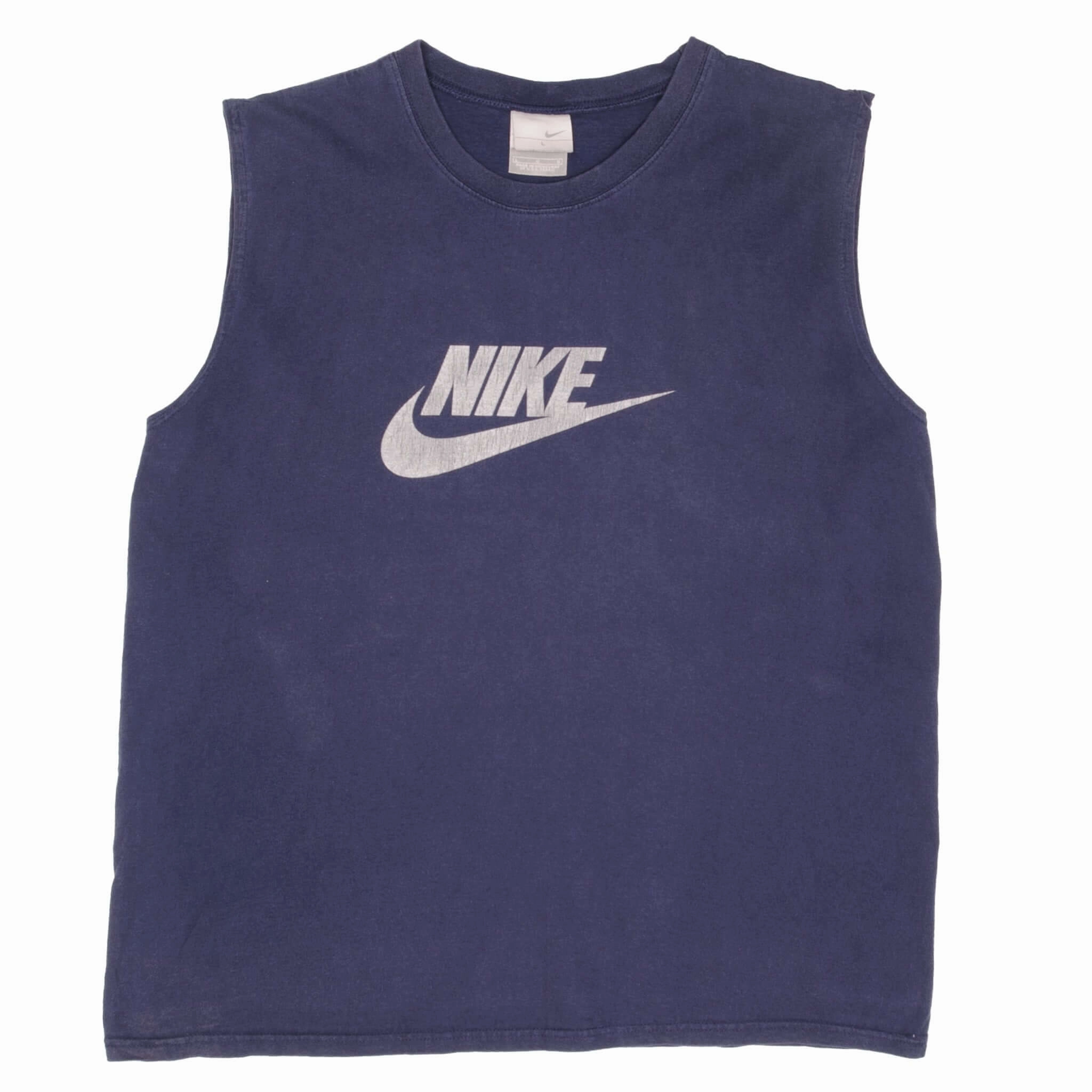 VINTAGE NIKE SPELLOUT SWOOSH NAVY BLUE TANK TOP TEE SHIRT 2000S SIZE LARGE